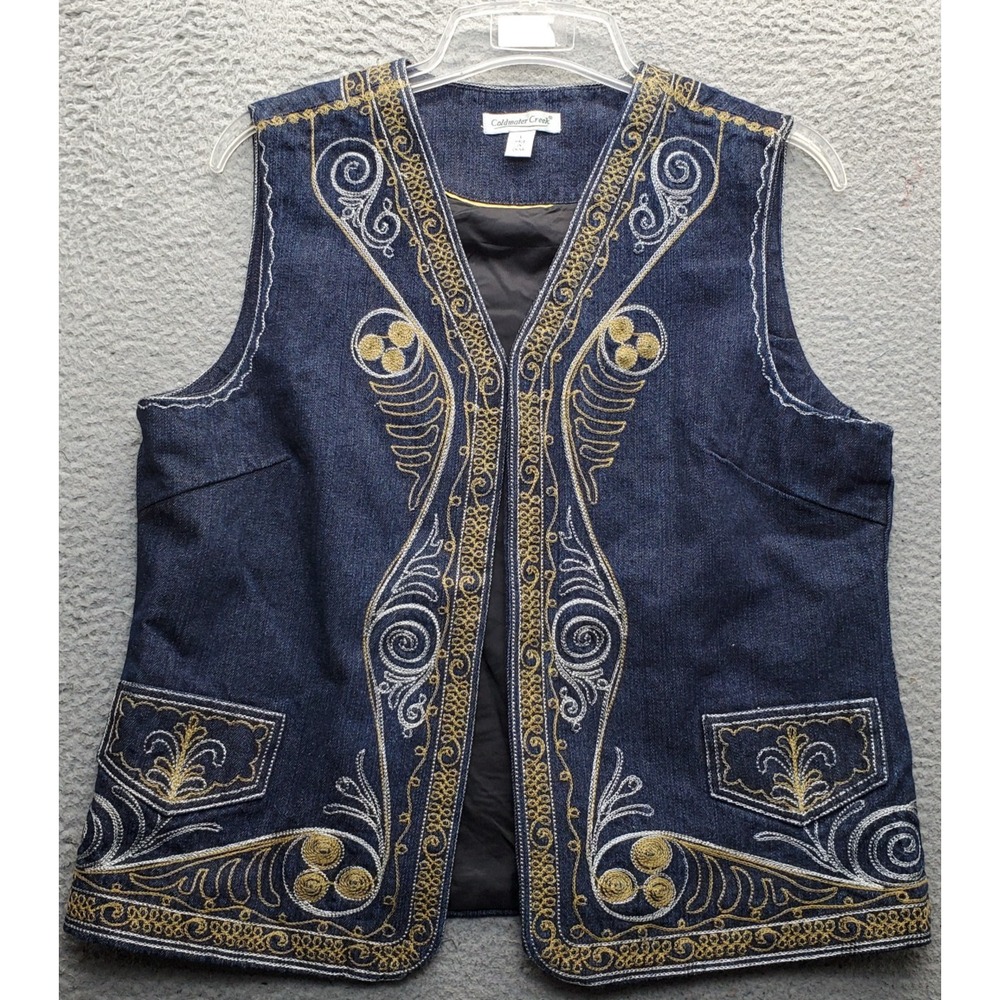 Coldwater Creek Denim Vest Womens L Multi Lined Intricate Metallic Embroidery